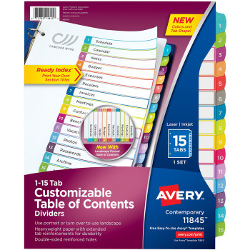 Avery Customizable Table of Contents Dividers, Ready Index(R) Printable Section Titles, Preprinted 1-15 Arched Multicolor Tabs, 1 Set (11845) - 15 / Set (AVE11845)