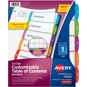 Avery Ready Index Customizable Table of Contents Contemporary Multicolor Dividers - 5 / Set (AVE11840)