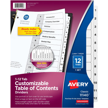 Avery Customizable Table of Contents Dividers, Ready Index(R) Printable Section Titles, Preprinted 1-12 White Tabs, 1 Set (11140) - 12 / Set (AVE11140)