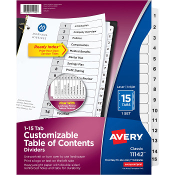 Avery Customizable Table of Contents Dividers, Ready Index(R) Printable Section Titles, Preprinted 1-15 White Tabs, 1 Set (11142) - 15 / Set (AVE11142)