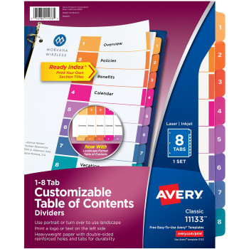 Avery Customizable Table of Contents Dividers, Ready Index(R) Printable Section Titles, Preprinted 1-8 Multicolor Tabs, 1 Set (11133) - 8 / Set (AVE11133)