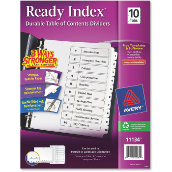 Avery Customizable Table of Contents Dividers, Ready Index(R) Printable Section Titles, Preprinted 1-10 White Tabs, 1 Set (11134) - 10 / Set (AVE11134)
