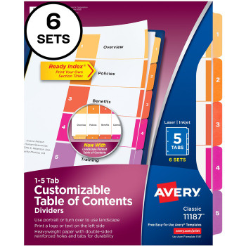 Avery Ready Index(R) 5-Tab Binder Dividers, Customizable Table of Contents, Multicolor Tabs, 6 Sets (11187) - 6 / Pack (AVE11187)