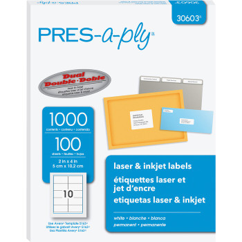 Avery PRES-a-ply White Labels, 2" x 4", Permanent-Adhesive, 10-up, 1000 labels - 1000 / Box (AVE30603)