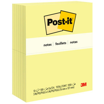 Post-it Notes, 3 in x 5 in, Canary Yellow - 12 / Pack (MMM655)