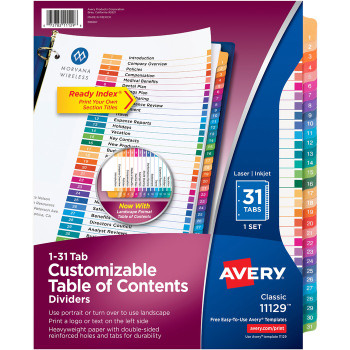 Avery Ready Index(R) 31 Number Dividers, Customizable Table of Contents, Classic Multicolor Tabs, 1 Set (11129) - 31 / Set (AVE11129)