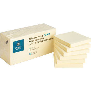 Business Source Yellow Repositionable Adhesive Notes - 12 / Pack (BSN36612)