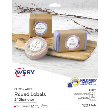 Avery Glossy White Circle Labels, Sure Feed(TM) Technology, Laser/Inkjet Compatible, 2", 120 Glossy Labels (22807) - 120 / Pack (AVE22807)