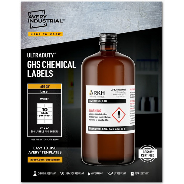 Avery UltraDuty(R) GHS Chemical Labels, Permanent Adhesive, Waterproof, UV Resistant, 2" x 4", 500 Labels (60505) - 500 / Box (AVE60505)