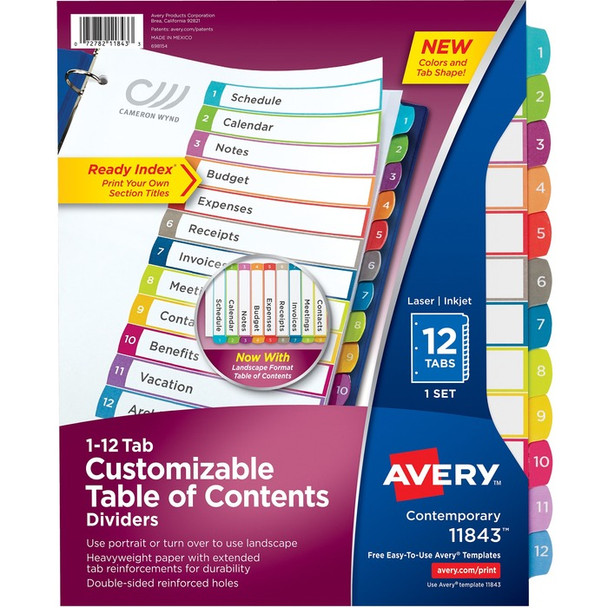 Avery Ready Index(R) 12-Tab Binder Dividers, Customizable Table of Contents, Contemporary Multicolor Tabs, 1 Set (11843) - 12 / Set (AVE11843)