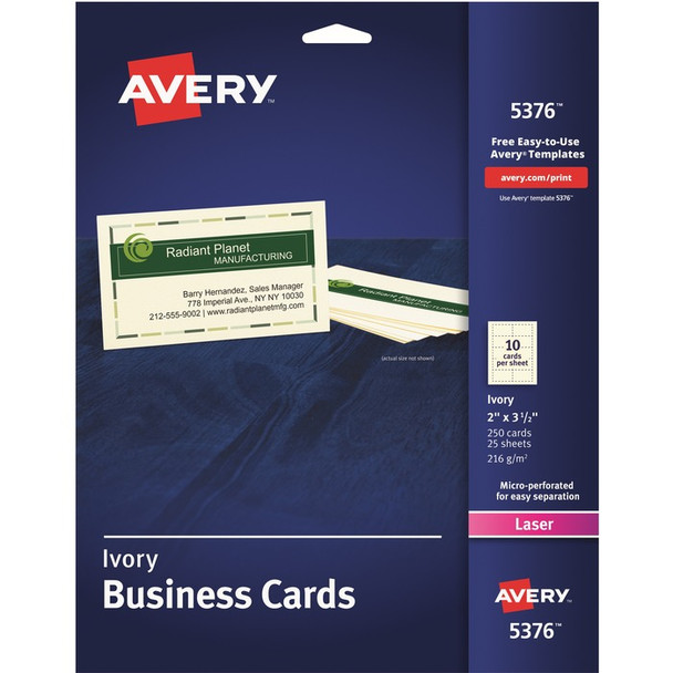 Avery Business Cards, Ivory, Two-Sided Printing, 2" x 3-1/2", 250 Cards (5376) - 250 / Pack (AVE5376)