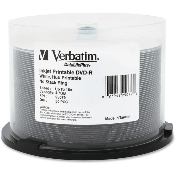 Verbatim DVD-R 4.7GB 16X DataLifePlus White Inkjet Printable, Hub Printable - 50pk Spindle - 50 (VER95079)