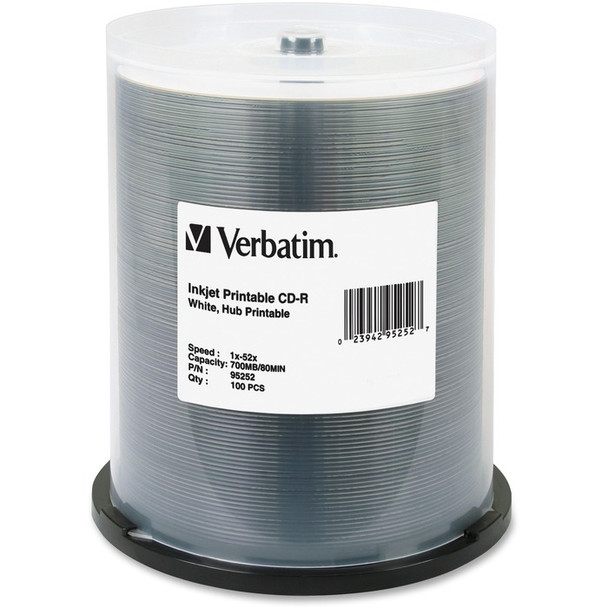 Verbatim CD-R 700MB 52X White Inkjet Printable, Hub Printable - 100pk Spindle - 100 (VER95252)