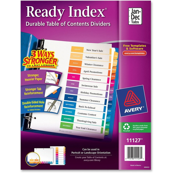 Avery Ready Index Customizable Table of Contents Classic Multicolor Dividers - 12 / Set (AVE11127)