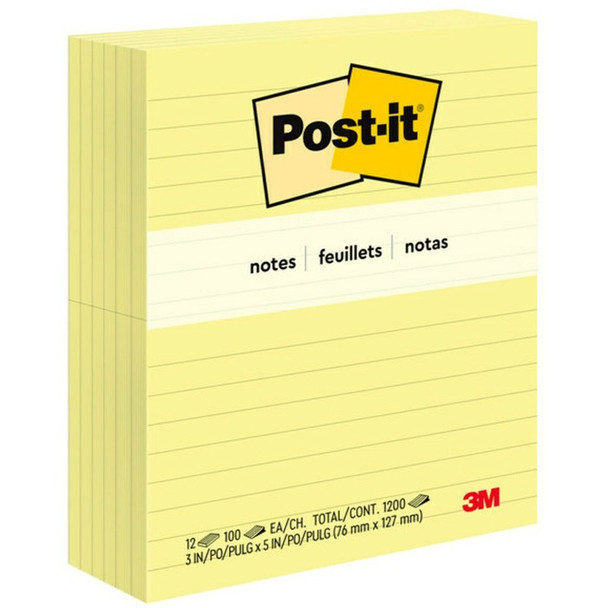 Post-it Notes, 3 in x 5 in, Canary Yellow, Lined - 12 / Pack (MMM635)