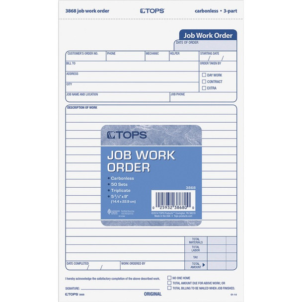TOPS Carbonless 3-Part Job Work Order Forms - 50 / Pack (TOP3868)
