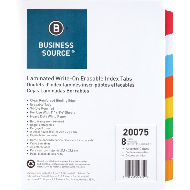 Business Source Laminated Write-On Tab Indexes - 8 / Set (BSN20075)