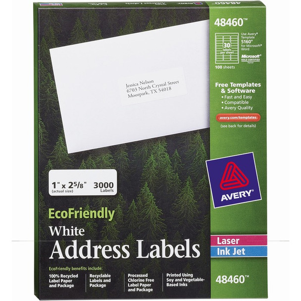 Avery EcoFriendly Address Labels, Permanent Adhesive, 1" x 2-5/8", 3,000 Labels (48460) - 3000 / Box (AVE48460)