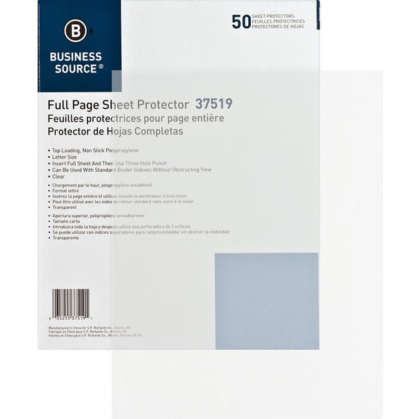 Business Source Full Sheet Top Load Poly Sheet Protectors - 50 / Box (BSN37519)