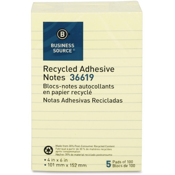 Business Source Yellow Adhesive Notes - 5 / Pack (BSN36619)