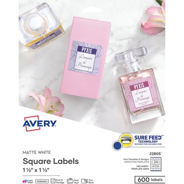 Avery Easy Peel(R) Labels, Sure Feed(TM) TrueBlock(R), Permanent Adhesive, Square 1.5" x 1.5", 600 Labels (22805) - 600 / Pack (AVE22805)