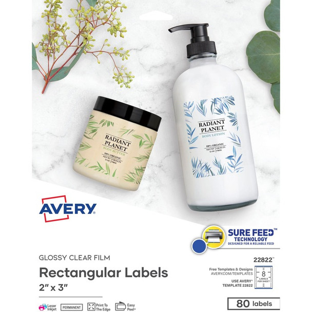 Avery Glossy Clear Rectangle Labels, Sure Feed(TM) Technology, Print to the Edge, Laser/Inkjet, 2" x 3", 80 Labels (22822) - 80 / Pack (AVE22822)