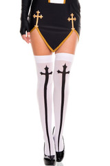 Gothic Cross Thigh Hi Stockings -White/Black