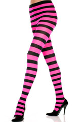 Neon Pink/Black Wide Striped Opaque Pantyhose