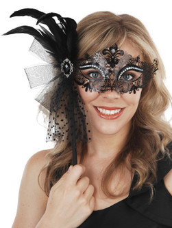 Metal Masquerade Mask With Stick And Feathers - Provence