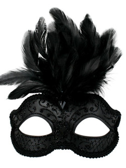 Daniella Black Masquerade Mask with Black Feathers
