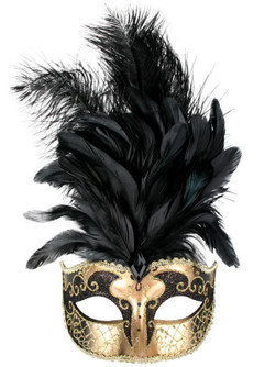 Sienna Black And Gold Eye Mask with Black Feathers