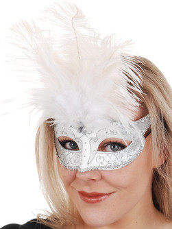 Carmela White and Silver Masquerade Mask with Feathers