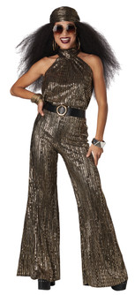 Gold disco top with matching flares and black sequinned belt.