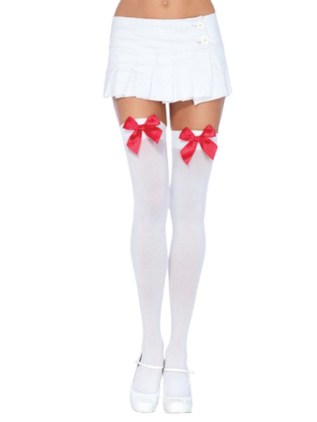 Opaque Thigh Highs White With Red Bow