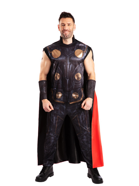 Rubie's Thor Classic Adult Marvel Avengers costume with black and gold printed armour, red cape and gauntlets
