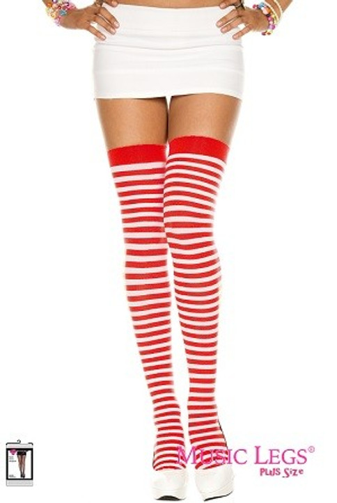 Red and White Opaque Striped Thigh Hi