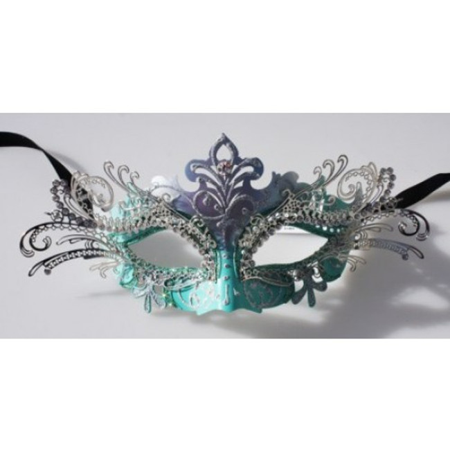 Aqua Blue And Silver Masquerade Mask With Metal Decal