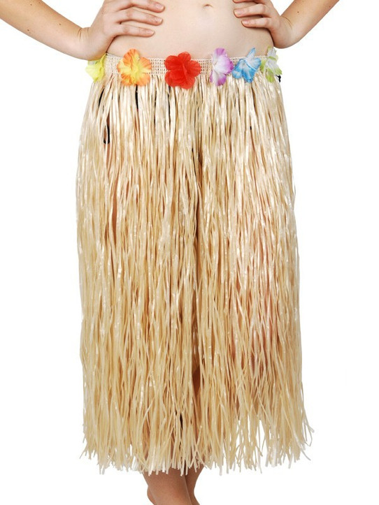 Hawaiian Skirt Natural Long with Flower Waistband
