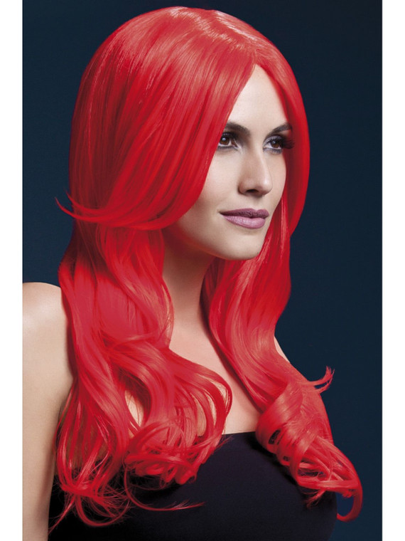 Fever wigs are a professional quality synthetic wig, and are styleable and heat resistant upto 120c, neon red khloe wig with cemtre part.