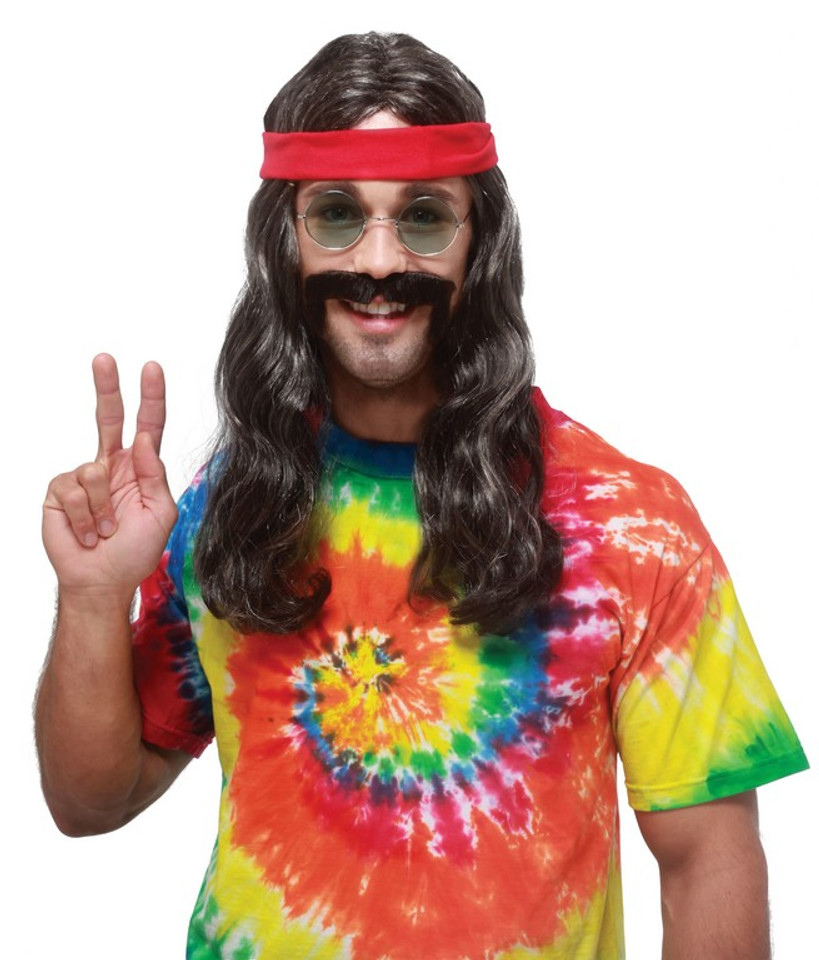 Hippie Man Black / Grey Wig and Moustache