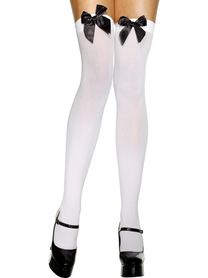 White Opaque Thigh Hi Stockings With Black Bow