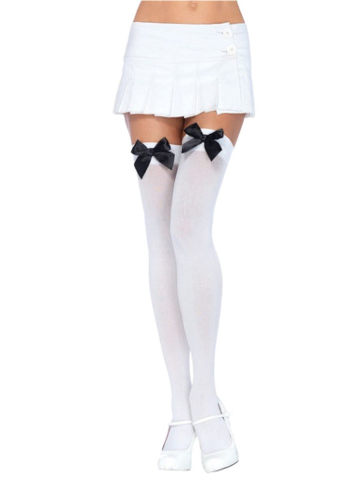 Opaque Thigh Highs White With Black Bows Opaque Thigh Highs White With Black Bows
