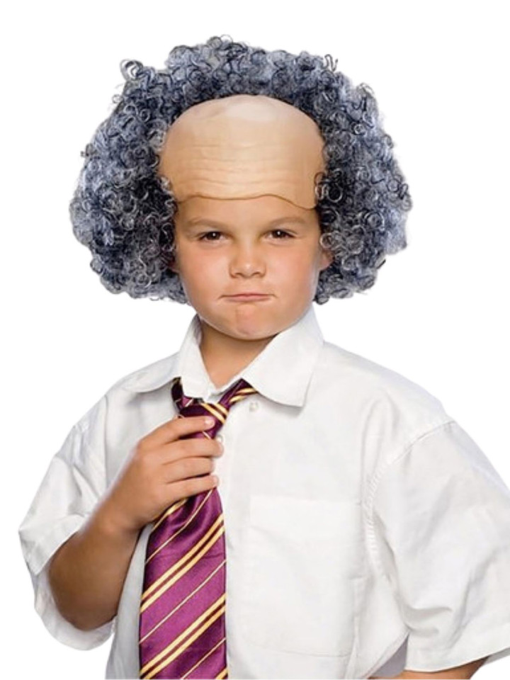 Bald Wig Cap With Grey Curls Hair Childs