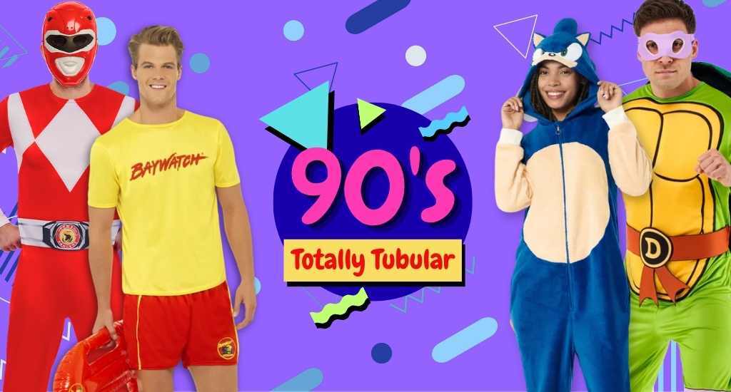 1990's banner with a inamge of a baywatch costume, pwer ranger for a adult male, sonic onesie and a ninja turtle costume all for adults