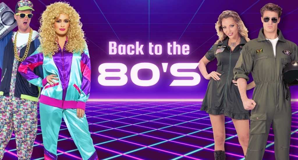 Back to the 80s costumes and two top gun outfits and a lady in a blue retro tracksuit