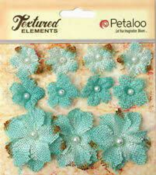 Petaloo Textured Elements Mini Burlap Flowers - Teal