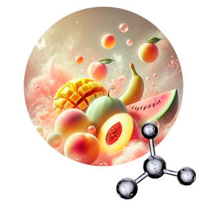 Acetato de Amilo: Fragancia etérea y frutal, con un dulzor jugoso que evoca mango, melón, melocotón y plátano, creando un aroma tropical y ligero.