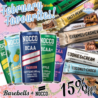 February Faves!! This month, SAVE 15% on boxes of Barebells bars and trays of NOCCO drinks!