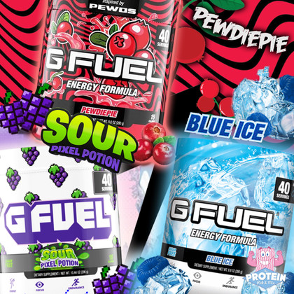 G Fuel's complete energy formula is now available in Pewdiepie's Lingonberry, Blue Ice and Sour Pixel flavours! G Fuel's complete energy formula is now available in Pewdiepie's Lingonberry, Blue Ice and Sour Pixel flavours!