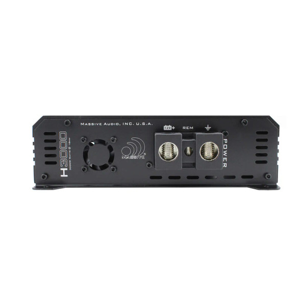 Massive Audio HIPPO H3000 | 3000W RMS Monoblock Subwoofer Amplifier side profile photo showing power terminals